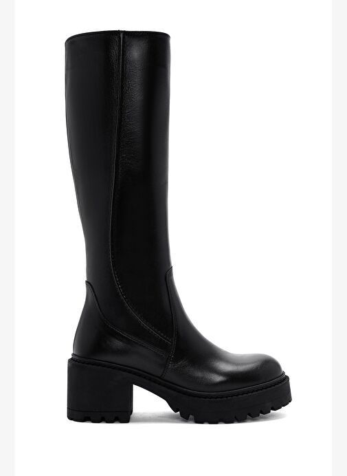 Kadın Siyah Fermuarlı Kalın Topuklu Deri Çizme 25WFD510618 - Görsel 2