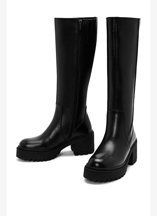 Kadın Siyah Fermuarlı Kalın Topuklu Deri Çizme 25WFD510618 - Görsel 4