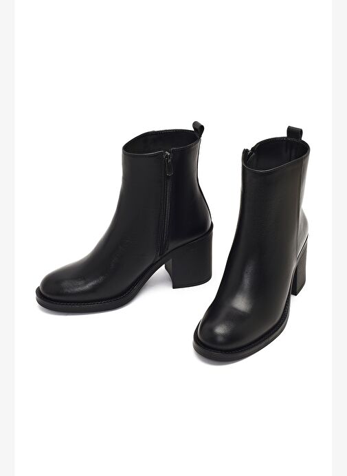Kadın Siyah Fermuarlı Kalın Topuklu Deri Bot 25WFD512018 - Görsel 4