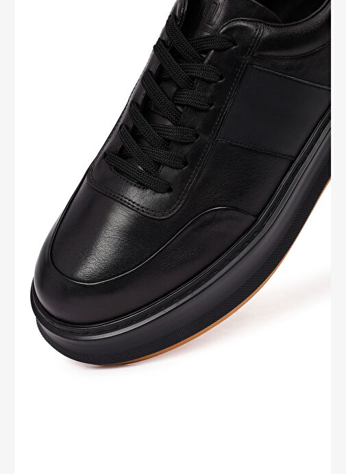 Erkek Siyah Bağcıklı Kalın Tabanlı Deri Sneaker 25WFD641918 - Görsel 9