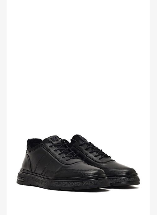 Erkek Siyah Bağcıklı Kalın Tabanlı Deri Casual Sneaker 25WFD674618 - Görsel 4
