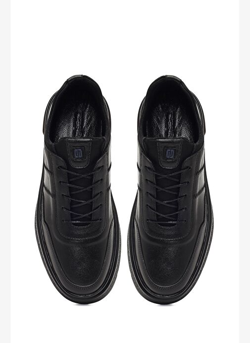 Erkek Siyah Bağcıklı Kalın Tabanlı Deri Casual Sneaker 25WFD674618 - Görsel 8