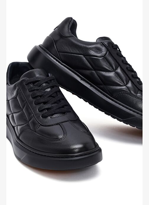 Erkek Siyah Bağcıklı Kalın Tabanlı Baskılı Deri Sneaker 25WFD685018 - Görsel 9