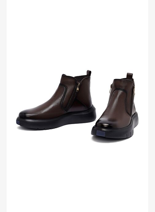 Erkek Kahverengi Fermuarlı Kalın Tabanlı Deri Bot 25WFD6931FT - Görsel 4