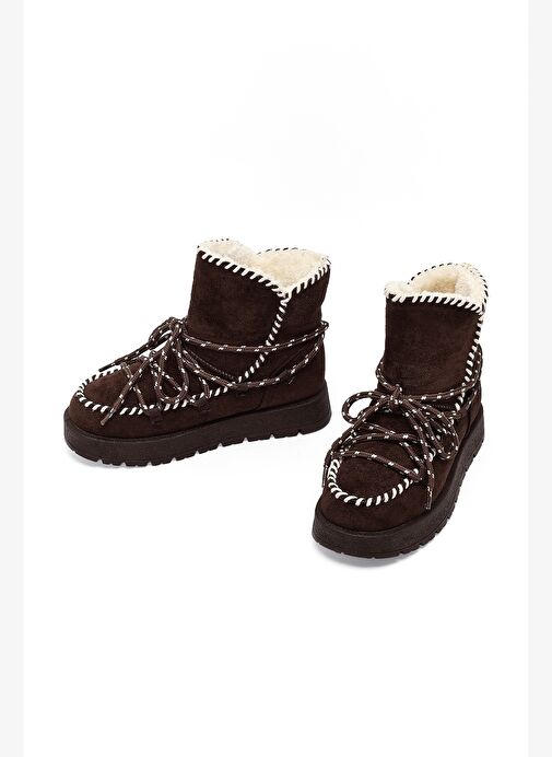 Kadın Kahverengi Bağcıklı Kalın Tabanlı Süet Teddy Bot 25WFE402210 - Görsel 4