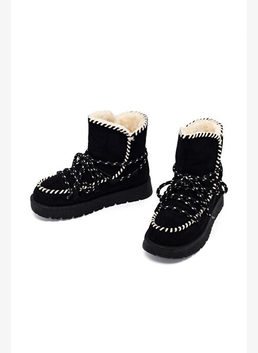 Kadın Siyah Bağcıklı Kalın Tabanlı Süet Teddy Bot 25WFE402210 - Görsel 4