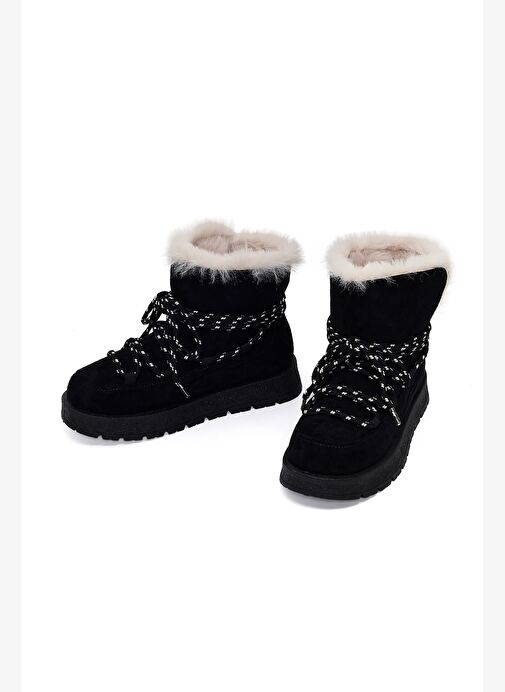 Kadın Siyah Bağcıklı Kalın Tabanlı Süet Teddy Bot 25WFE402310 - Görsel 4