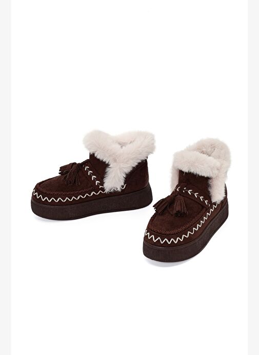 Kadın Kahverengi Kalın Tabanlı Püsküllü Süet Teddy Bot 25WFE402510 - Görsel 4