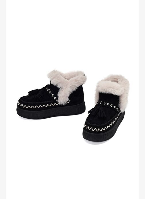 Kadın Siyah Kalın Tabanlı Püsküllü Süet Teddy Bot 25WFE402510 - Görsel 4