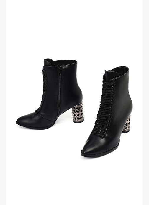 Kadın Siyah Bağcıklı Fermuarlı Kalın Topuklu Bot 25WFE481218 - Görsel 4