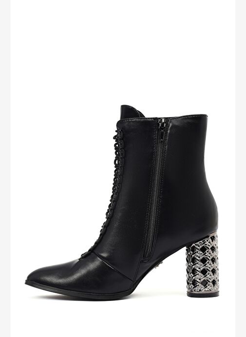 Kadın Siyah Bağcıklı Fermuarlı Kalın Topuklu Bot 25WFE481218 - Görsel 5