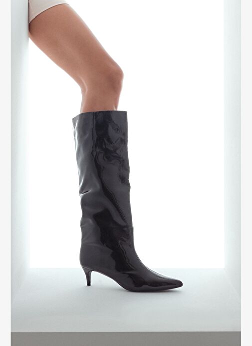 Kadın Siyah Kısa İnce Topuklu Rugan Çizme 25WFE481416 - Görsel 2