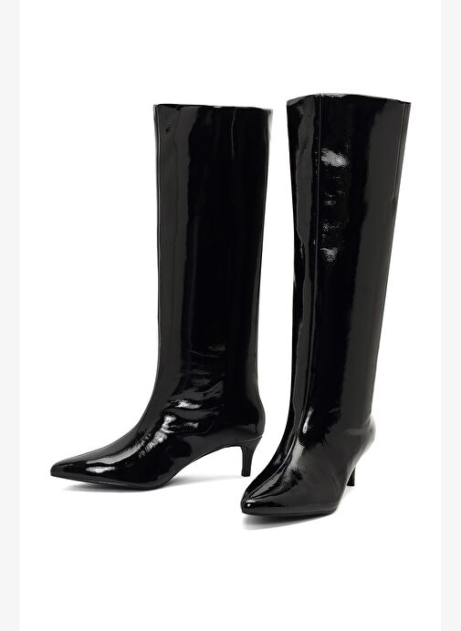 Kadın Siyah Kısa İnce Topuklu Rugan Çizme 25WFE481416 - Görsel 4