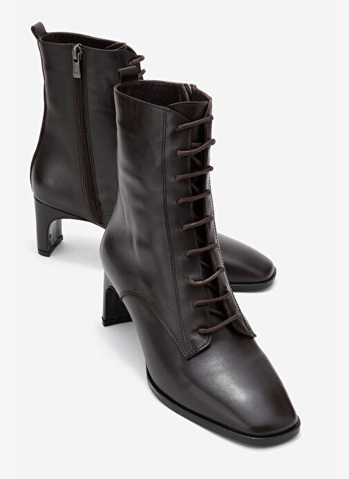 SUDY Kahverengi Cilt Hakiki Deri Bağcıklı Kadın Blok Topuklu Bot - Görsel 2