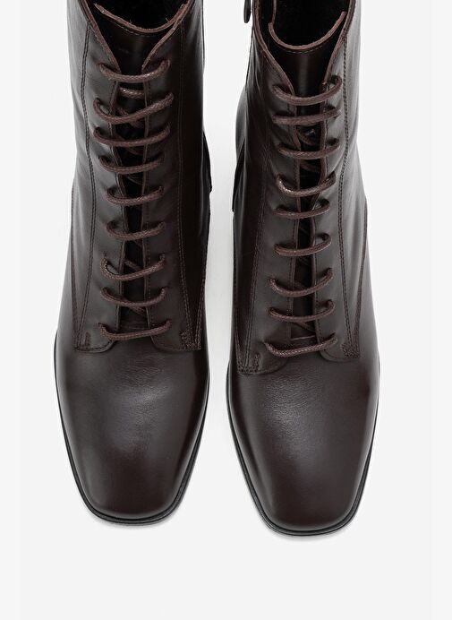 SUDY Kahverengi Cilt Hakiki Deri Bağcıklı Kadın Blok Topuklu Bot - Görsel 3