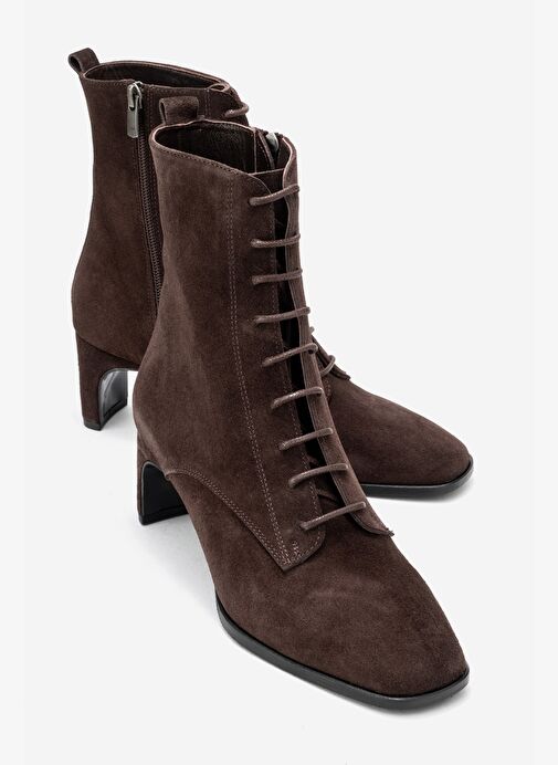 SUDY Kahverengi Süet Hakiki Deri Bağcıklı Kadın Blok Topuklu Bot - Görsel 2