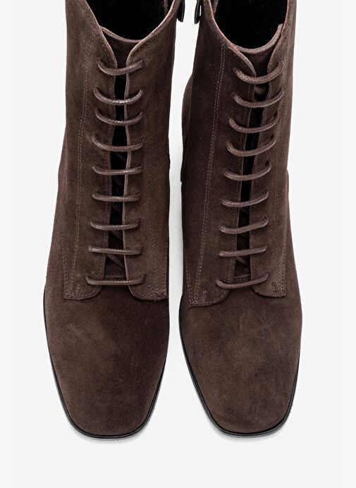 SUDY Kahverengi Süet Hakiki Deri Bağcıklı Kadın Blok Topuklu Bot - Görsel 3