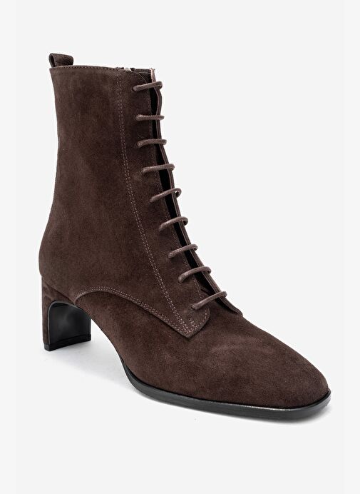 SUDY Kahverengi Süet Hakiki Deri Bağcıklı Kadın Blok Topuklu Bot - Görsel 4