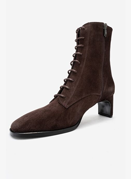 SUDY Kahverengi Süet Hakiki Deri Bağcıklı Kadın Blok Topuklu Bot - Görsel 5