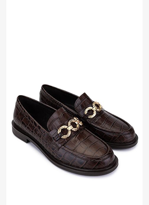 Tamer Tanca Kadın Hakiki Deri Kahverengi Kroko Loafer Ayakkabı - Görsel 3