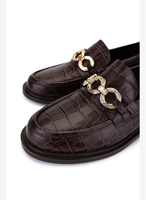 Tamer Tanca Kadın Hakiki Deri Kahverengi Kroko Loafer Ayakkabı - Görsel 4