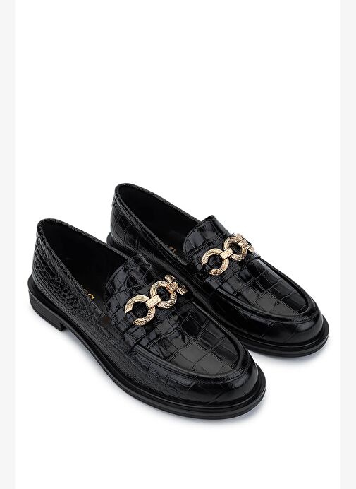 Tamer Tanca Kadın Hakiki Deri Siyah Kroko Loafer Ayakkabı - Görsel 3