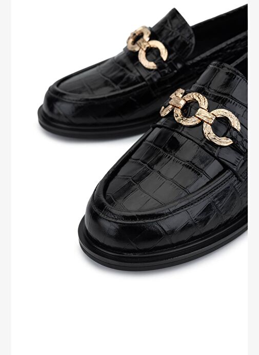 Tamer Tanca Kadın Hakiki Deri Siyah Kroko Loafer Ayakkabı - Görsel 4