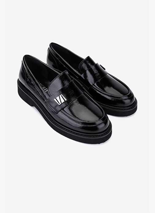 Valmenti Kadın Hakiki Deri Siyah Kırışık Rugan Loafer Ayakkabı - Görsel 3