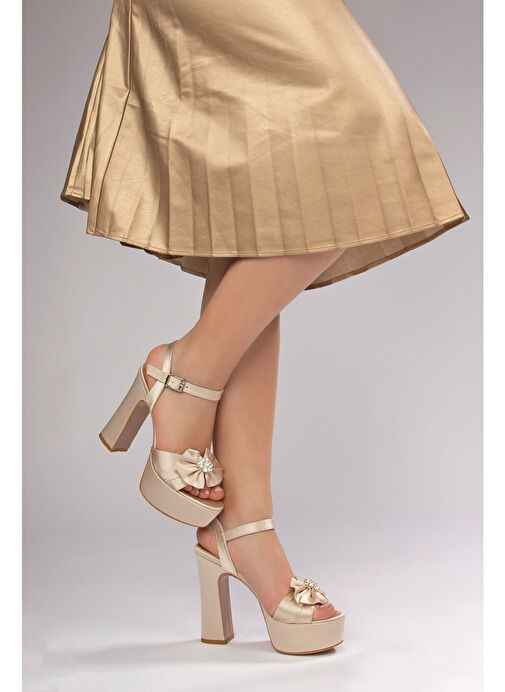Jade Kadın Abiye Platform Topuklu Ayakkabı Bej Saten - Görsel 3
