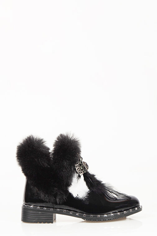 Suni Kürk Aksesuar Detaylı Kadın Bot Siyah Rugan - Görsel 4