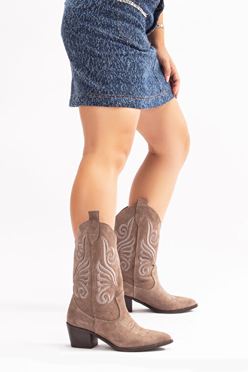 Mariel Gerçek Deri Kadın Western Çizme Vizon Süet - Görsel 7