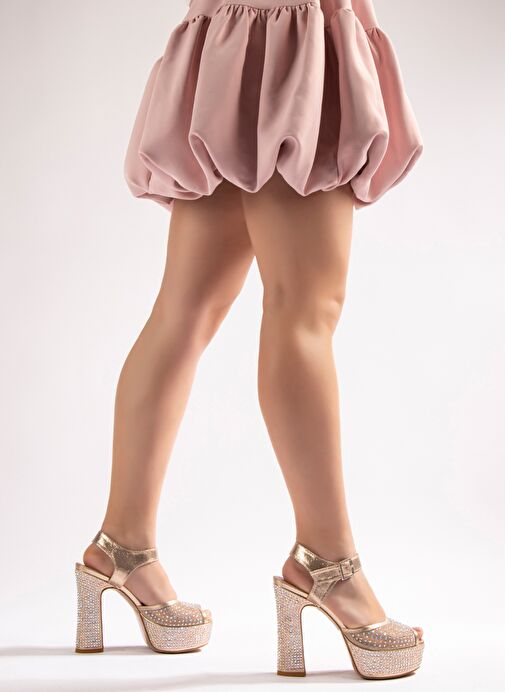 Snow Kadın Abiye Platform Topuklu Ayakkabı Dore Altın Taşlı - Görsel 7