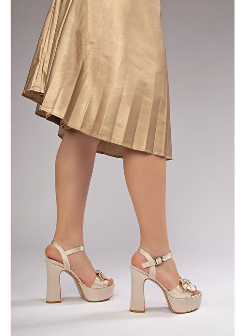 Jade Kadın Abiye Platform Topuklu Ayakkabı Bej Saten - Görsel 6