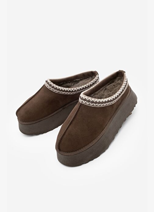 Kadın İçi Kürklü Kalın Taban Önü Kapalı Günlük Kışlık Terlik Furenta Kahve Süet - Görsel 2