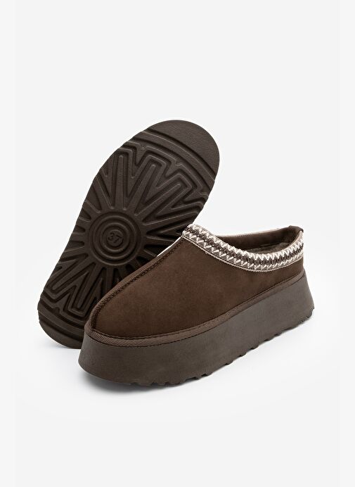 Kadın İçi Kürklü Kalın Taban Önü Kapalı Günlük Kışlık Terlik Furenta Kahve Süet - Görsel 8