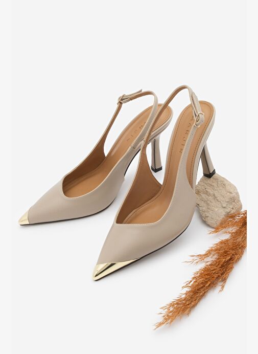 Marjin Marjin Kadın Stiletto Sivri Burun Altın Detaylı Arkası Açık Topuklu Ayakkabı Süvat Bej Boyner'de! Bej - 2. görsel