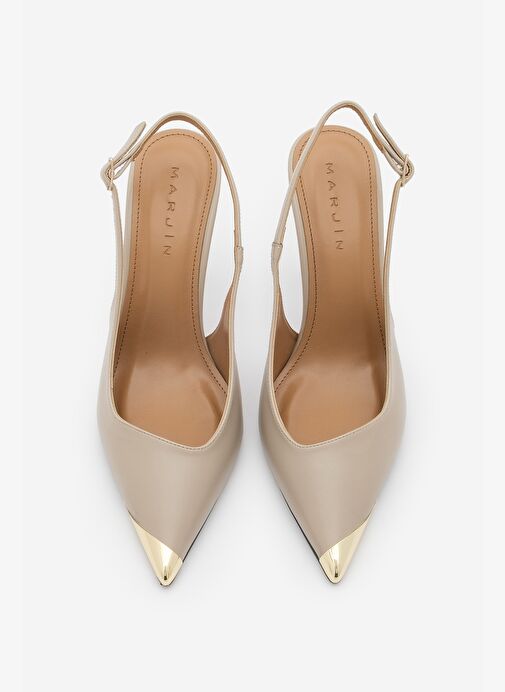 Marjin Marjin Kadın Stiletto Sivri Burun Altın Detaylı Arkası Açık Topuklu Ayakkabı Süvat Bej Boyner'de! Bej - 7. görsel