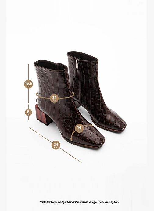 Kadın Topuklu Bot&Bootie Küt Burun Ahşap Desen Ökçe Fermuarlı Günlük Klasik Bot Sayen Kahve Croco - Görsel 9