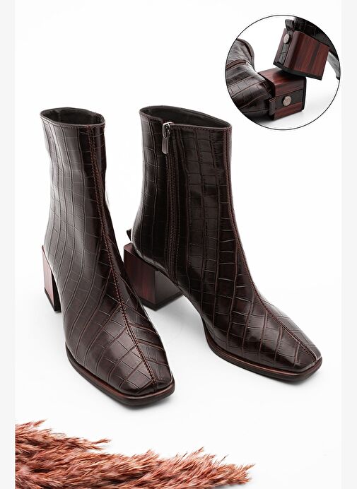 Kadın Topuklu Bot&Bootie Küt Burun Ahşap Desen Ökçe Fermuarlı Günlük Klasik Bot Sayen Kahve Croco - Görsel 4