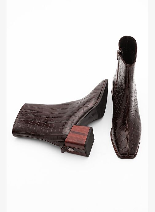 Kadın Topuklu Bot&Bootie Küt Burun Ahşap Desen Ökçe Fermuarlı Günlük Klasik Bot Sayen Kahve Croco - Görsel 3