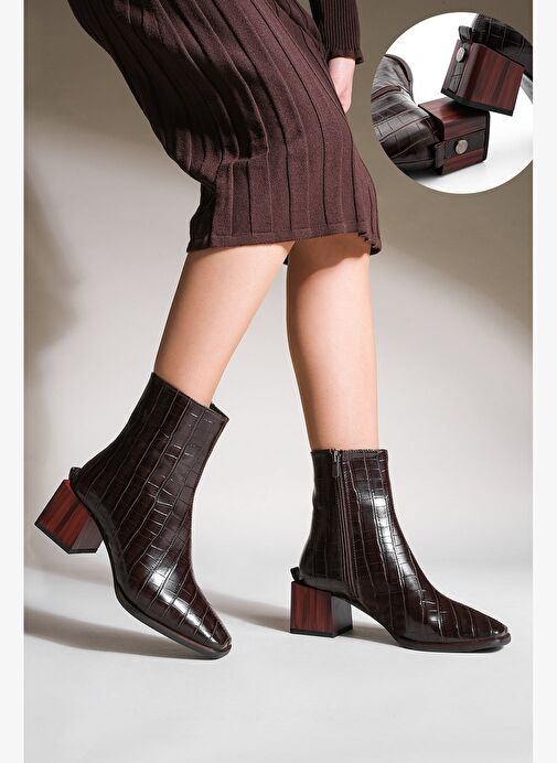 Kadın Topuklu Bot&Bootie Küt Burun Ahşap Desen Ökçe Fermuarlı Günlük Klasik Bot Sayen Kahve Croco - Görsel 5
