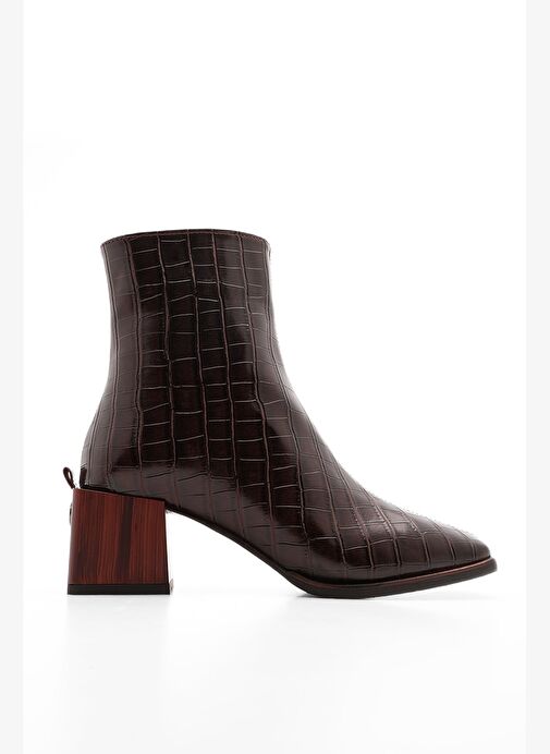 Kadın Topuklu Bot&Bootie Küt Burun Ahşap Desen Ökçe Fermuarlı Günlük Klasik Bot Sayen Kahve Croco - Görsel 2