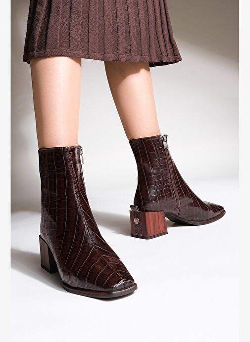 Kadın Topuklu Bot&Bootie Küt Burun Ahşap Desen Ökçe Fermuarlı Günlük Klasik Bot Sayen Kahve Croco - Görsel 6
