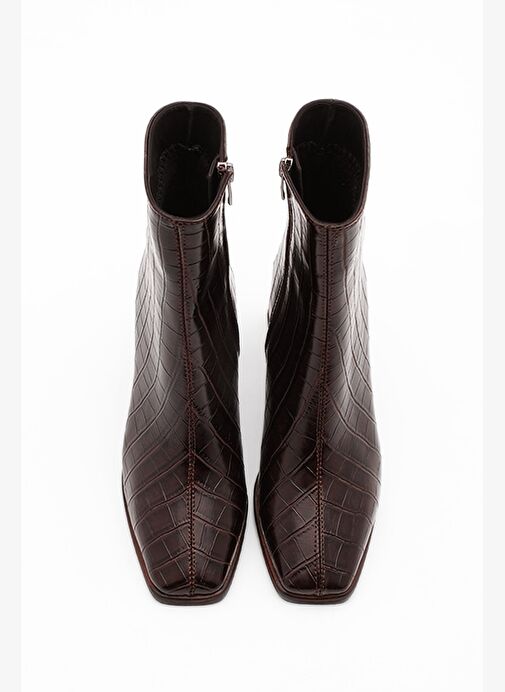 Kadın Topuklu Bot&Bootie Küt Burun Ahşap Desen Ökçe Fermuarlı Günlük Klasik Bot Sayen Kahve Croco - Görsel 7