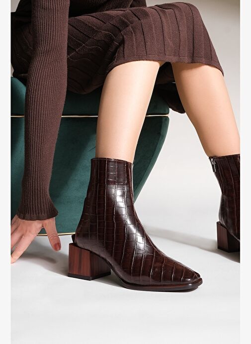 Kadın Topuklu Bot&Bootie Küt Burun Ahşap Desen Ökçe Fermuarlı Günlük Klasik Bot Sayen Kahve Croco - Görsel 8
