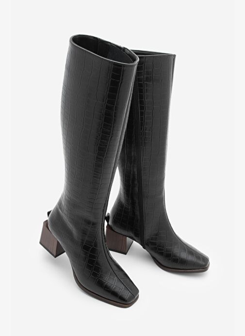 Kadın Küt Burun Fermuarlı Kalın Topuklu Çizme Lusso Siyah Croco - Görsel 2