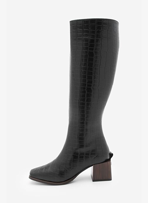 Kadın Küt Burun Fermuarlı Kalın Topuklu Çizme Lusso Siyah Croco - Görsel 3