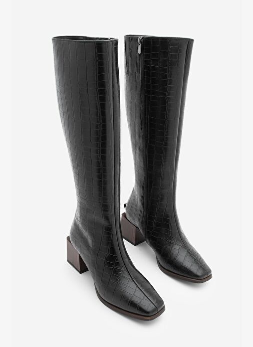 Kadın Küt Burun Fermuarlı Kalın Topuklu Çizme Lusso Siyah Croco - Görsel 4