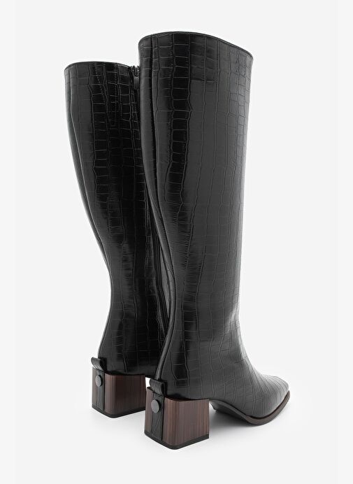 Kadın Küt Burun Fermuarlı Kalın Topuklu Çizme Lusso Siyah Croco - Görsel 6