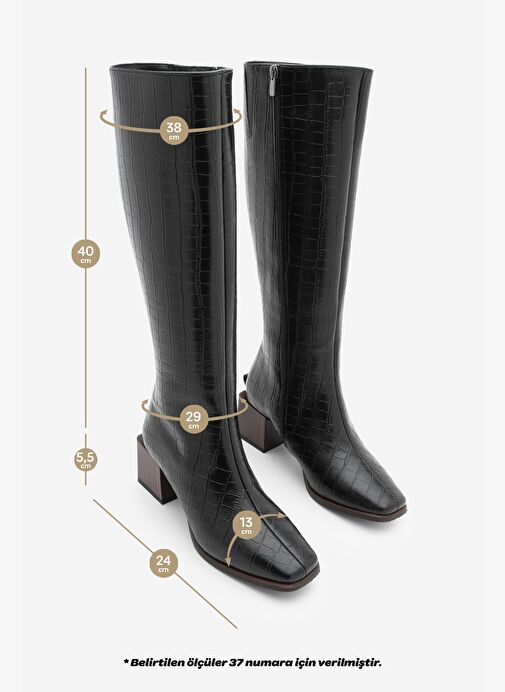 Kadın Küt Burun Fermuarlı Kalın Topuklu Çizme Lusso Siyah Croco - Görsel 8